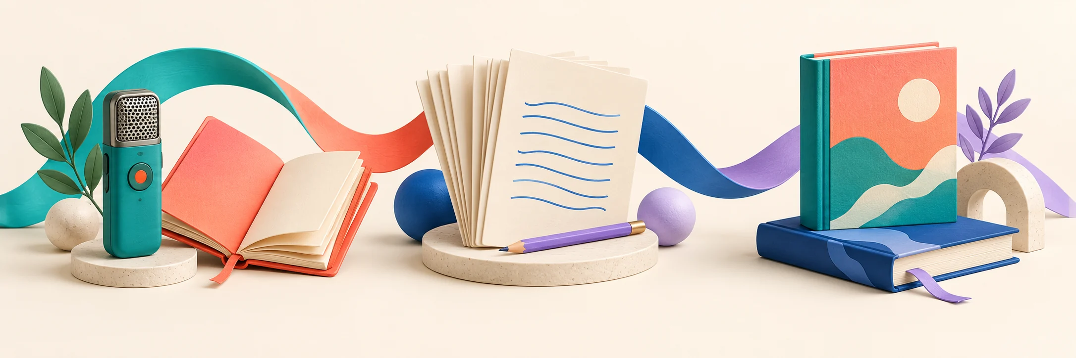 Colorful illustration of a recorder and notebook, manuscript pages, and finished books