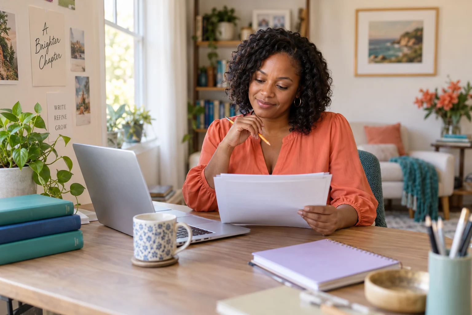 Illustrative image of a Black author reviewing manuscript pages at her writing desk