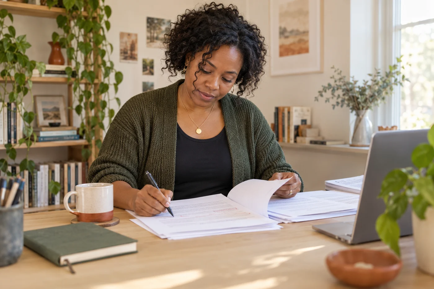 Illustrative editorial image of an author reviewing and annotating manuscript pages