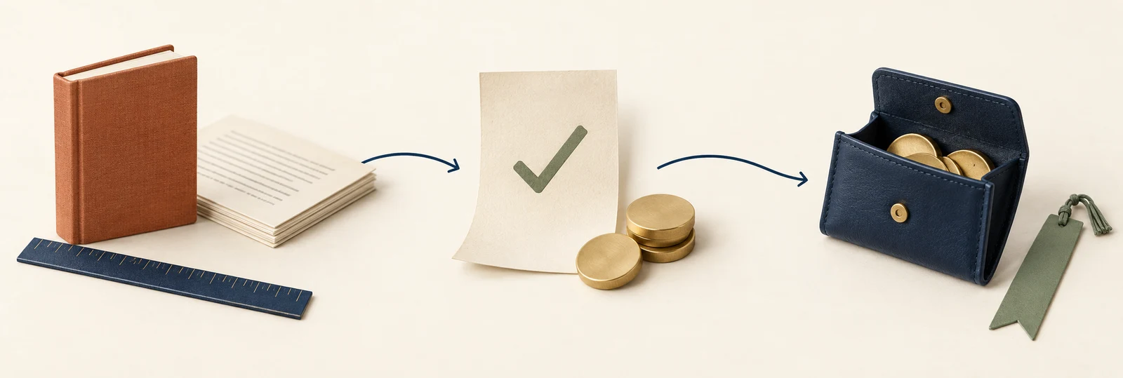 Illustration of a manuscript, an approved quote and a credit wallet