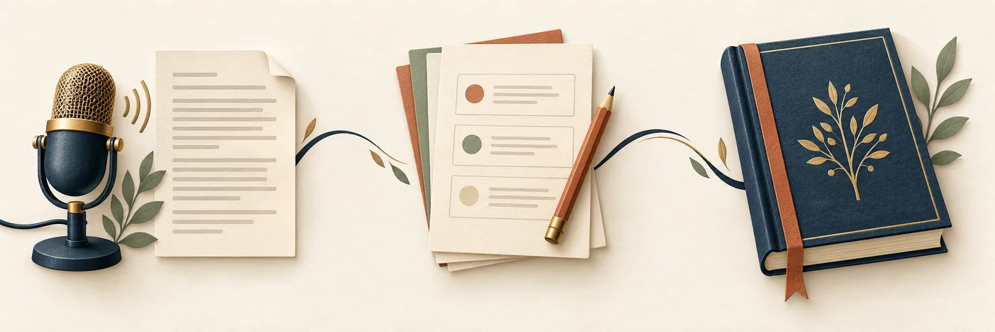 A saved transcript becomes a page plan and a finished book