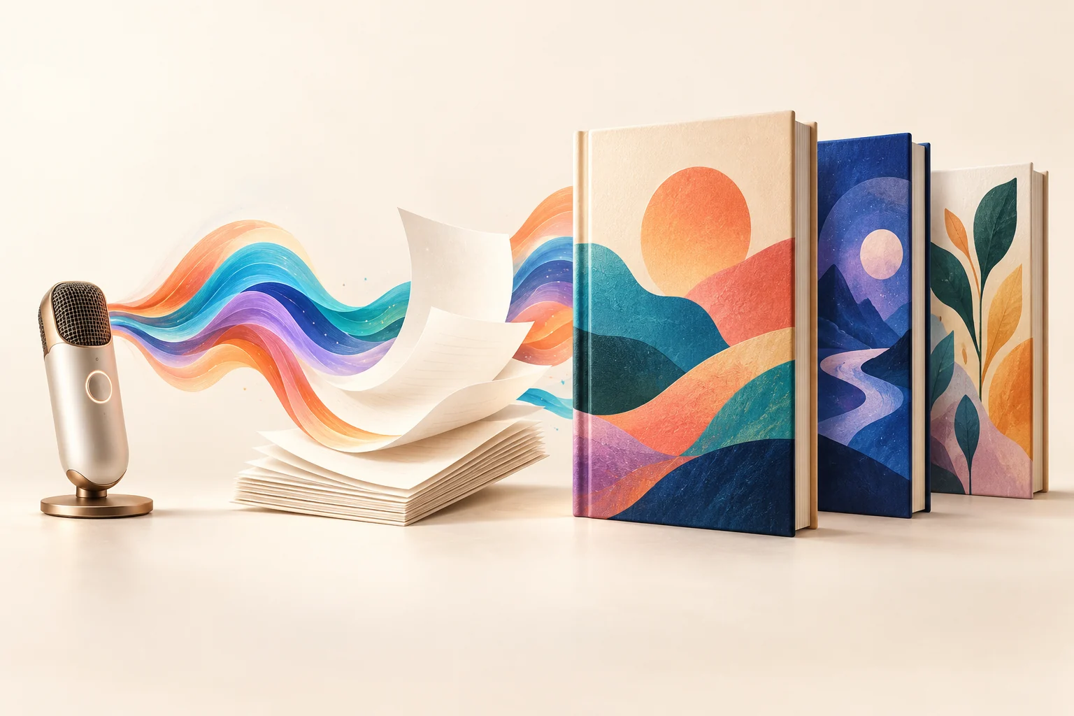 Colorful illustration of spoken ideas flowing into manuscript pages and beautifully crafted books