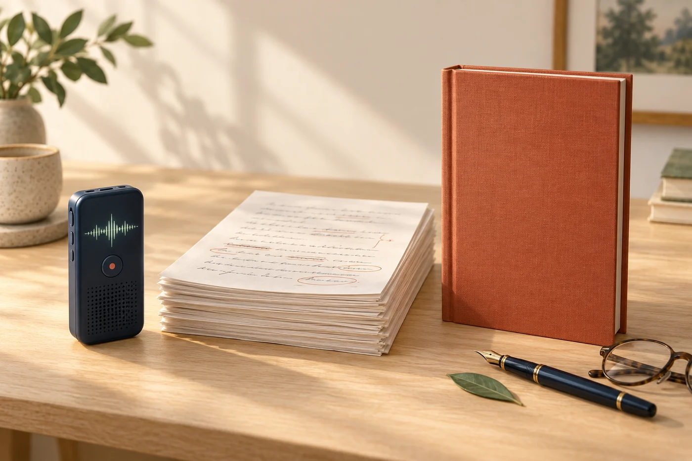 Illustrative artwork showing a voice recorder, reviewed manuscript pages and a finished book