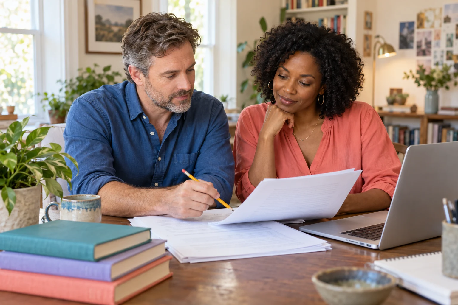 Illustrative image of a White man and a Black woman reviewing a book manuscript together