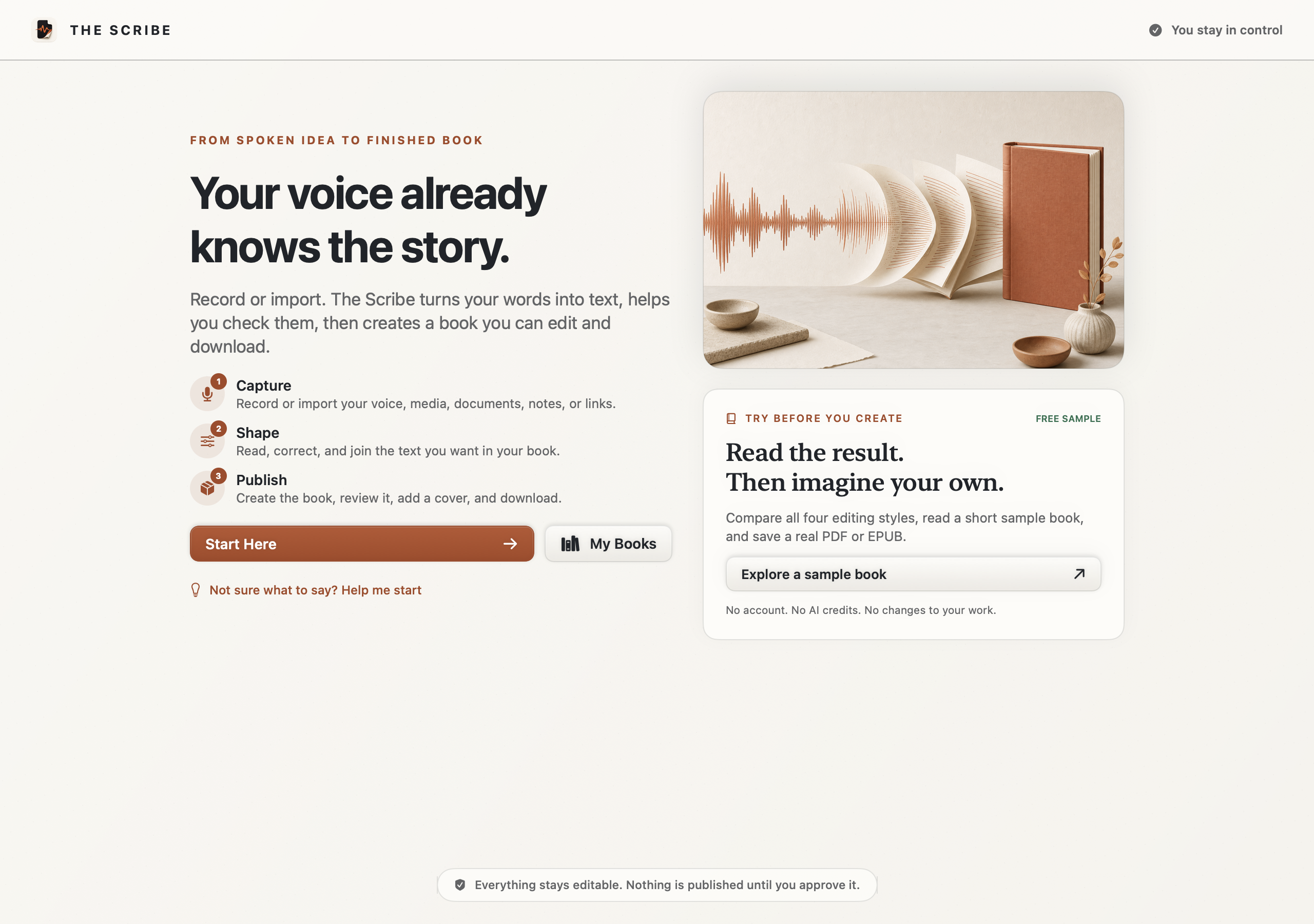 The Scribe 7.0.9 homepage with Capture, Shape, Publish, Start Here, My Books, and voice-to-book artwork