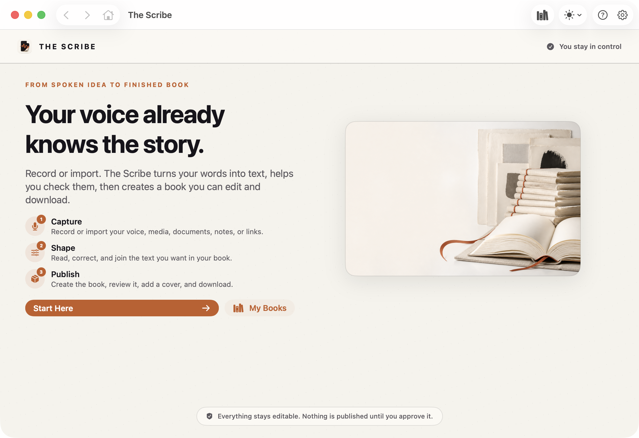 The Scribe app homepage with Capture, Shape, Publish, Start Here, and My Books