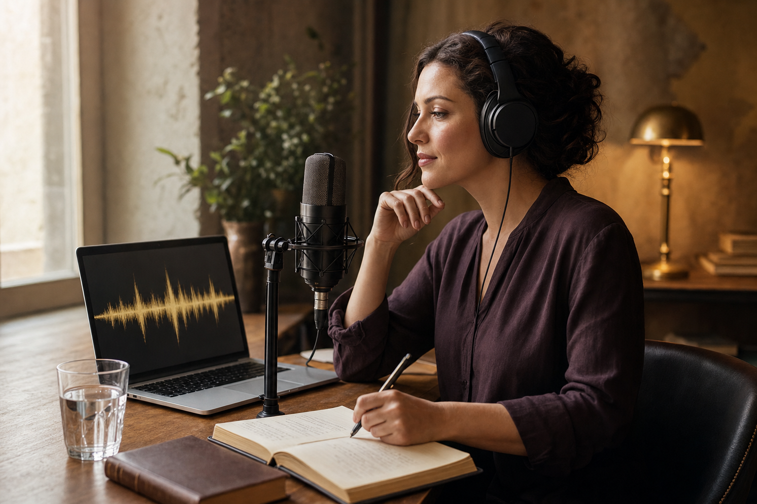 Creator preparing a clear recording with a microphone, headphones, and visible waveform