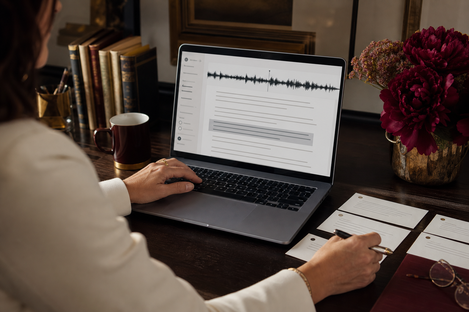 Author reviewing a transcript beside its waveform and organizing chapter cards