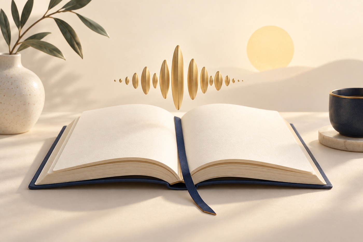An open journal with a voice waveform in warm morning light