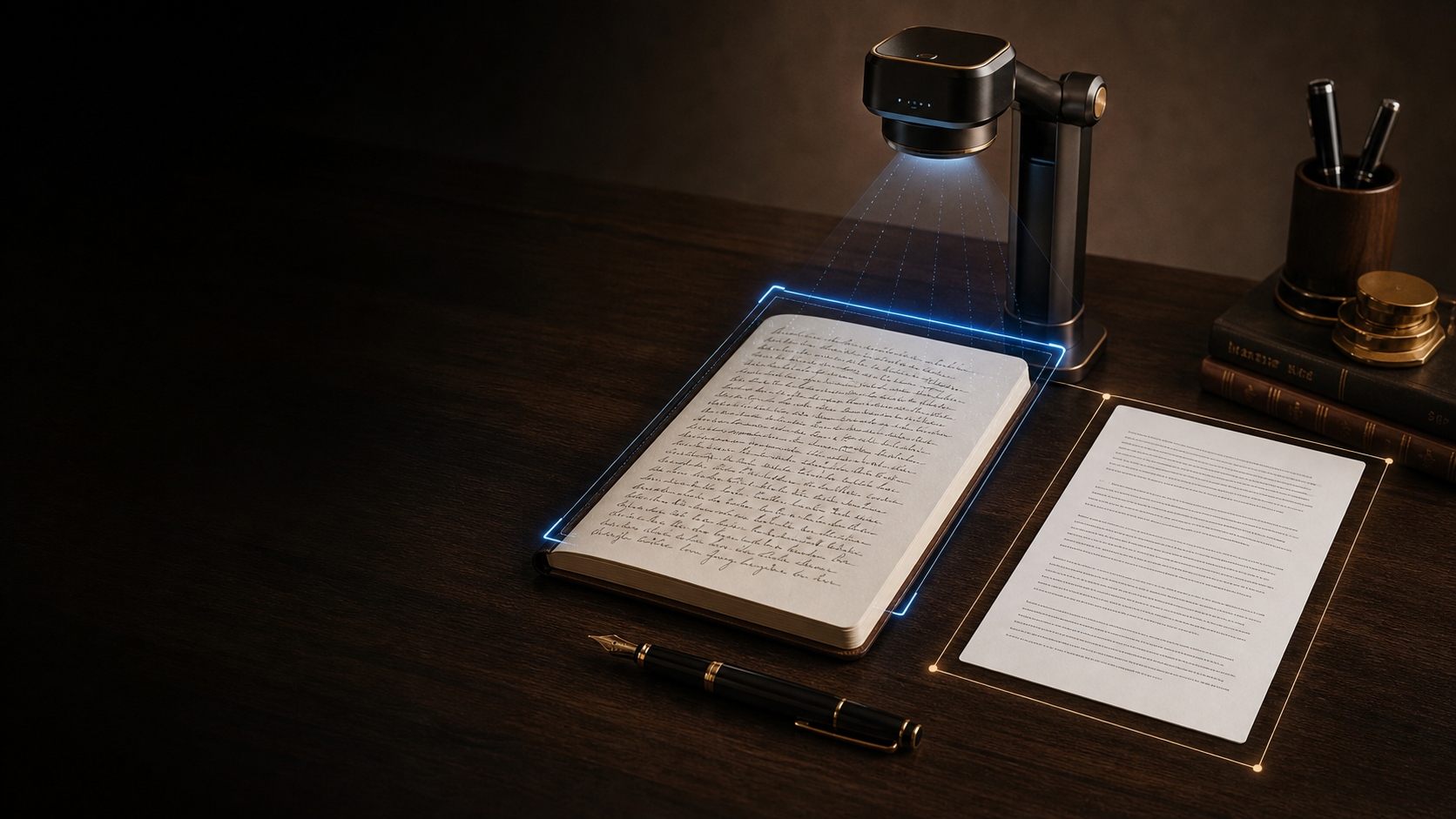 A premium handwriting scanning workspace showing a notebook becoming editable text