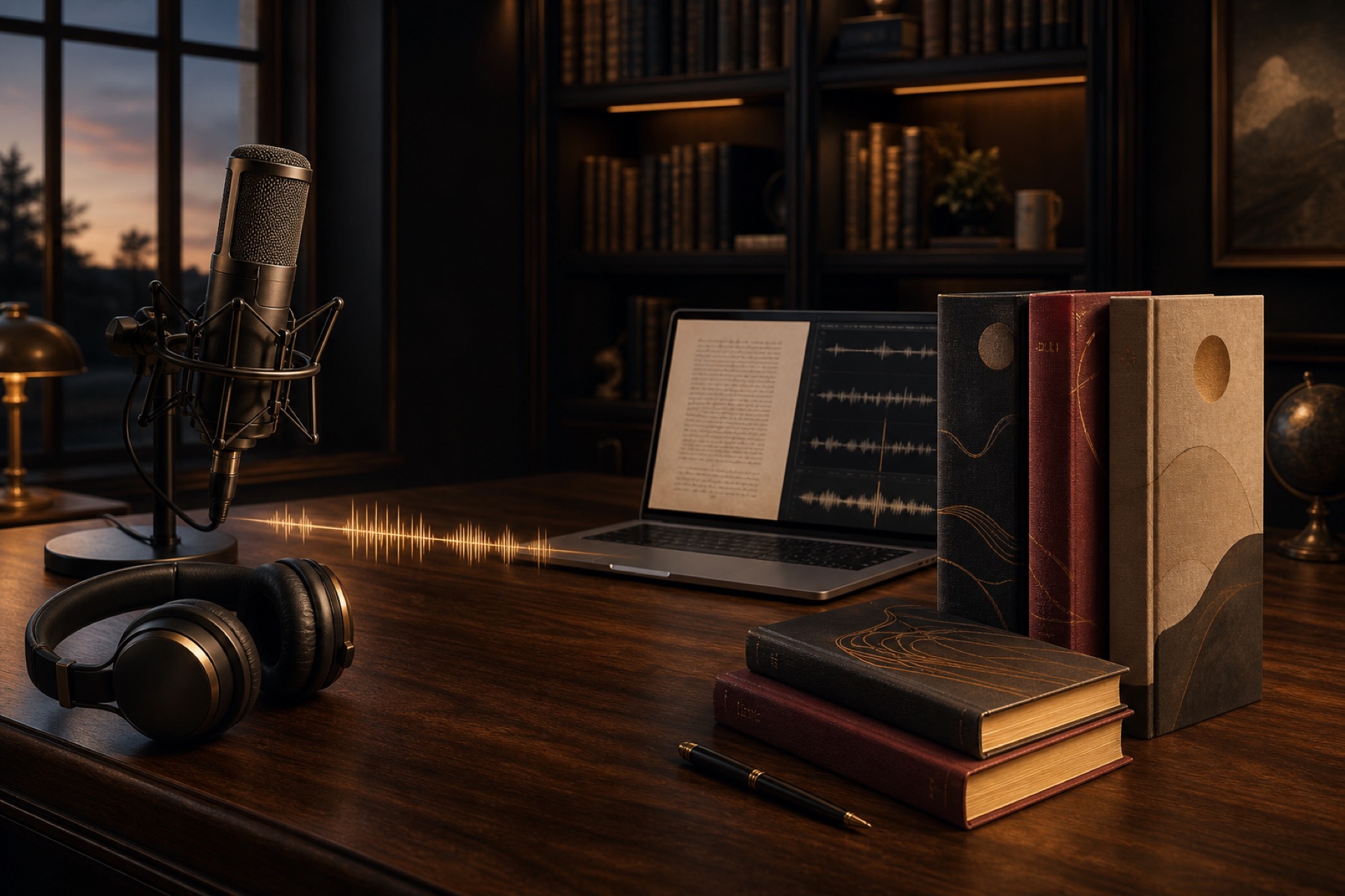 A premium author studio with microphone, headphones, waveform, manuscript, and finished books